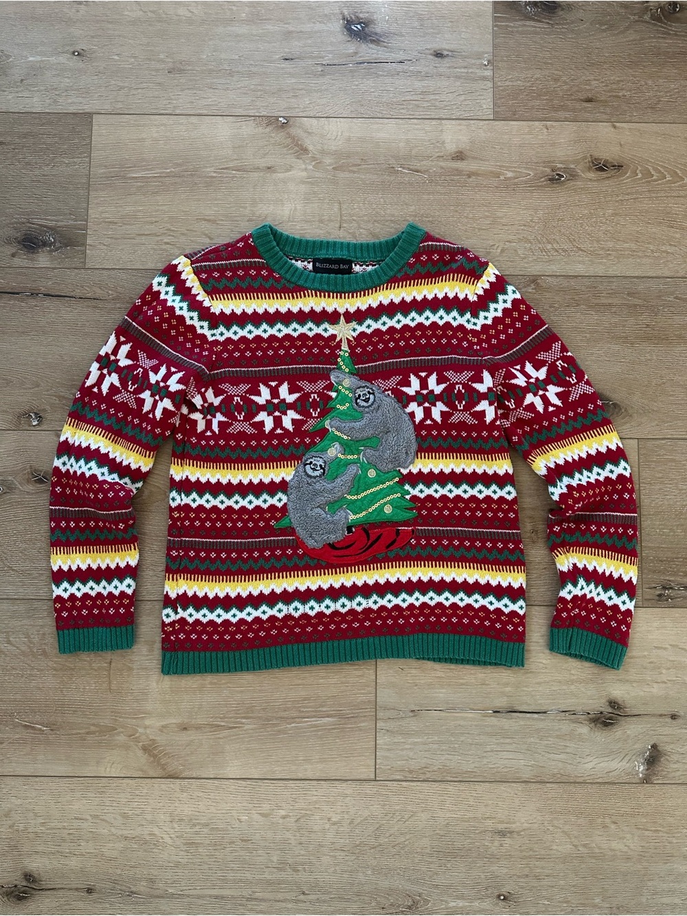 Festive Red Fair Isle Men’s Sweater with Sloth Tree Applique - Unknown Brand